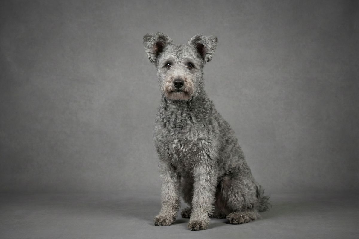 Pumi węgierski owczarek o niezwykłym temperamencie na tle zieleni