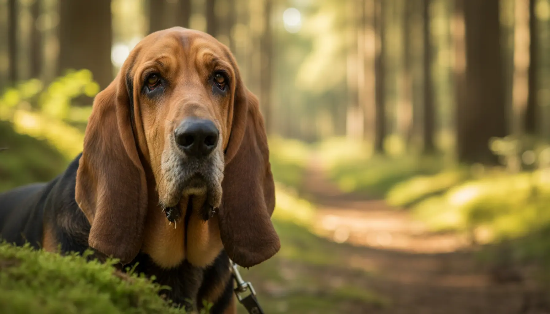 Bloodhound with extraordinary scent shown while tracking a trail