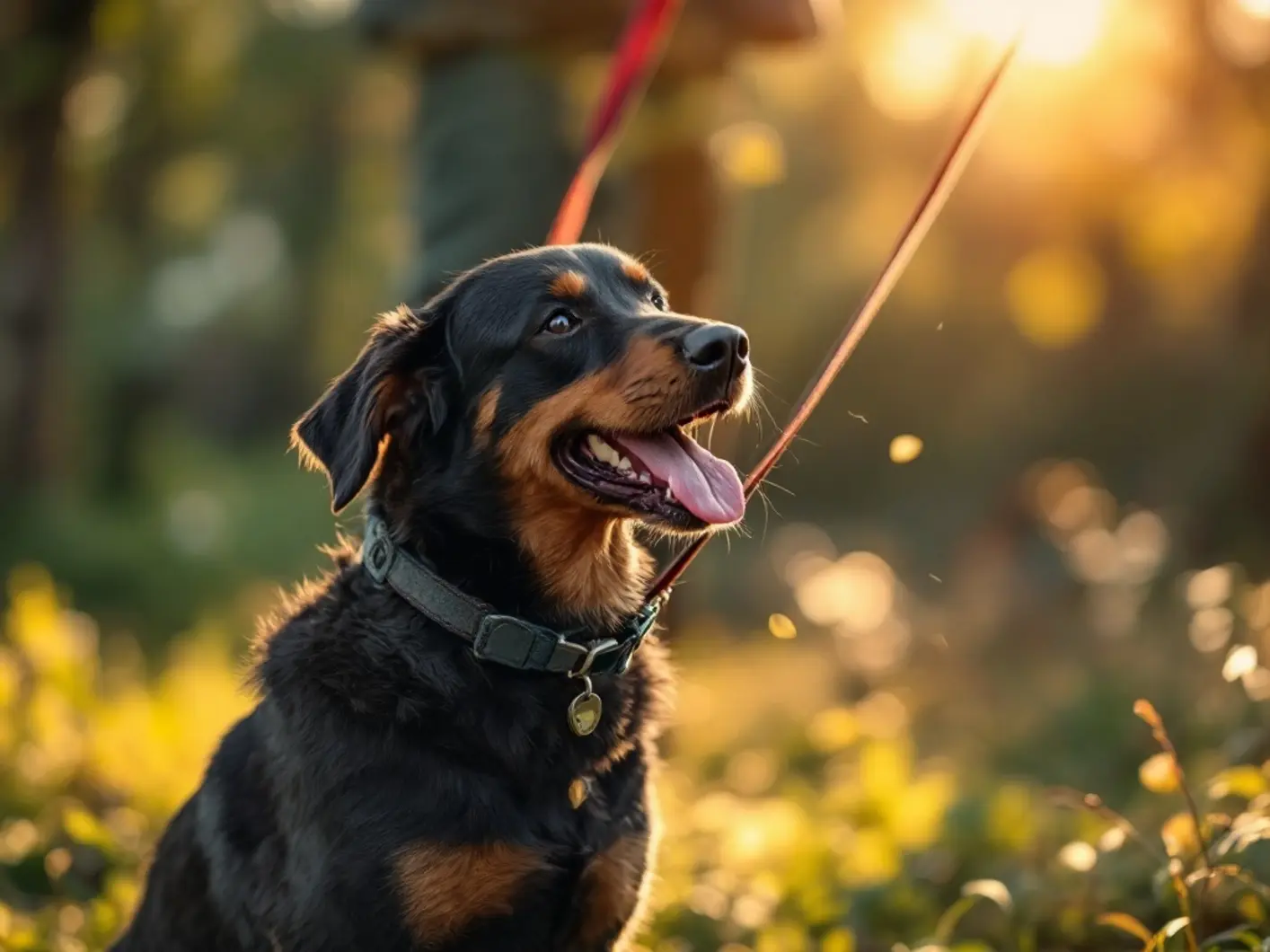 A dog on a Flexi retractable leash and another on a long training line during an outdoor dog training